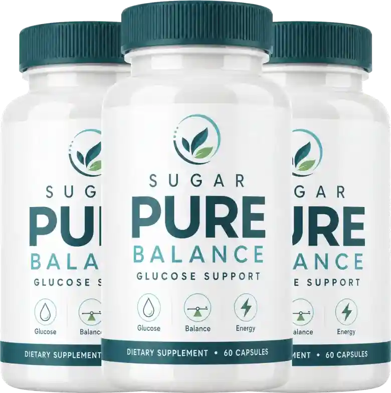 Sugar Pure Balance Natural Glucose Balance Formula &mdash; white bottle with teal cap showing Sugar Pure Balance label with Glucose Balance Energy claims, 60 capsules dietary supplement, 60mg BHB mineral proprietary blend
